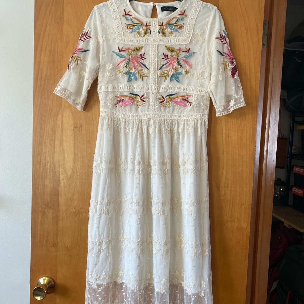 Roolee White Midi Dress with Multicolor Floral Embroidery
